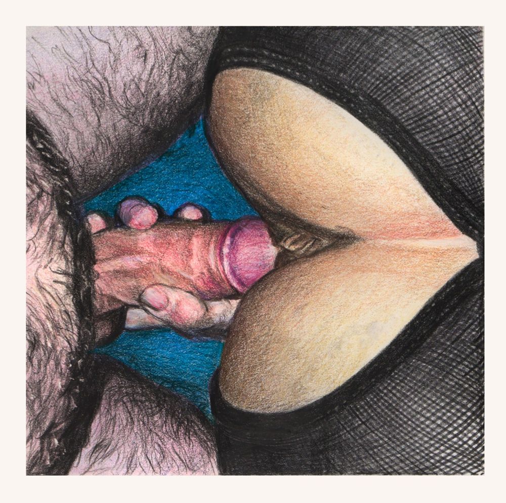Close-up image from above of a hand guiding an erect cock into a vulva. Crotchless black mesh stockings create a heart-shaped frame.