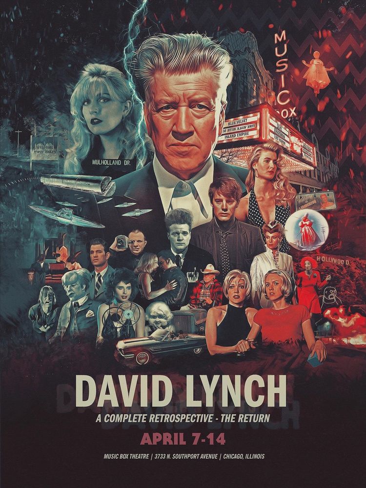 Sean Longmore’s poster for David Lynch’s Retrospective in Film, a beautiful piece of artwork that incapsulates the imagery of Lynch’s films and style. 