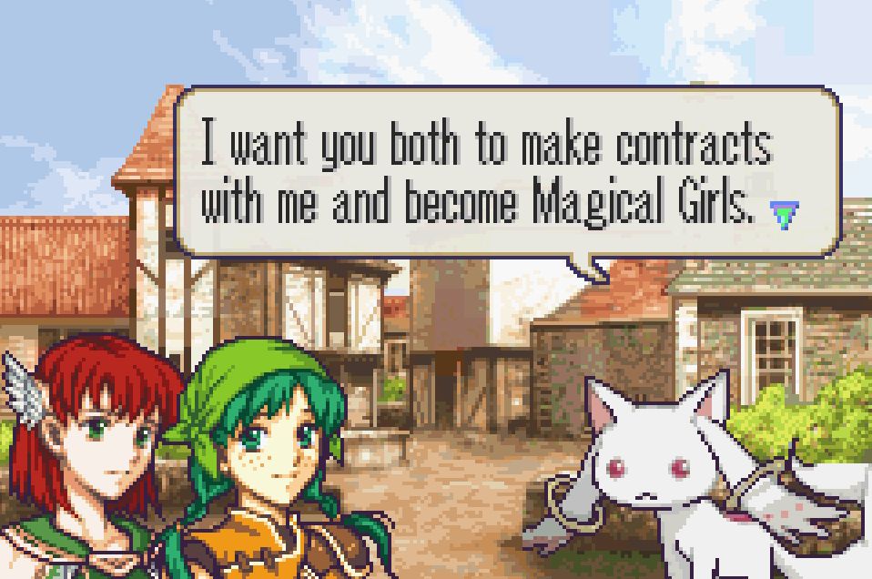 A screenshot of a modified version of Fire Emblem: The Blazing Blade. It features Rebecca, Priscilla, and Kyuubey from Madoka Magica, with Kyuubey saying "I want you both to make contracts with me and become Magical Girls."