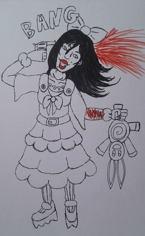 Arte que fiz intitulada "lolita" 
Na arte uma garota com vestido cheio de babados fitas e botões esta sorrindo enquanto na mão esquerda esta segurando uma arma e disparando contra a própria cabeça na mão direita está segurando um ursinho de coelho virado de ponta cabeça esse mesmo braço está com varios cortes e sangue da cabeça dela também esta voando sangue 