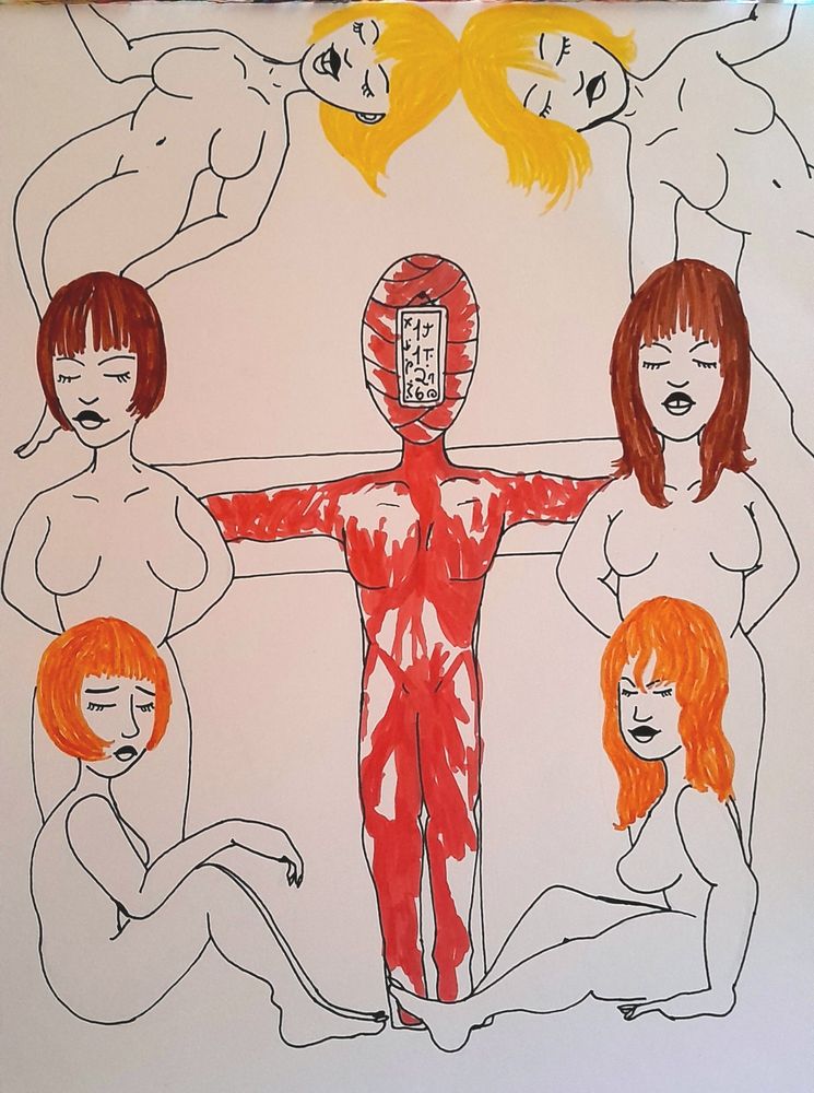 Arte que fiz intitulada "punição"
Na arte tem um homem crucificado com o rosto coberto de faixas com uma placa cheia de números e signos o corpo do homem está todo ensanguentado 
Ao redor do homem tem varias mulheres com expressões,cabelos e poses diferentes cercando ele 