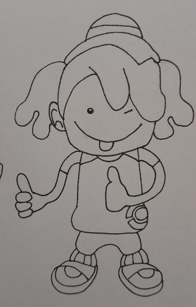 Desenho que fiz da nova versão do Ditto do pokemon no novo jogo do pokemon 
Ditto tem a aparência de um garoto com marias chiquinhas chapéu camisa calça e tenis 