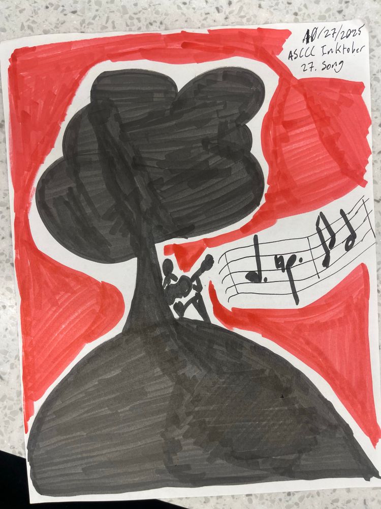 A drawing of a silhouette of a man playing guitar under a tree