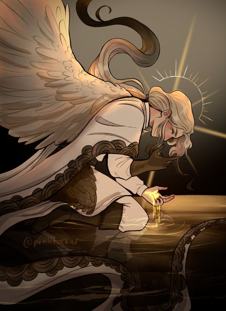 An illustration of ghoulgeists' divine soul aasimar Dolor (he/him). He kneels hunched over in a shallow pool of water, wings outstretched behind him, hair flowing upwards. Golden light drips from his palm into the water below as he stares at the viewer through his periphery. 