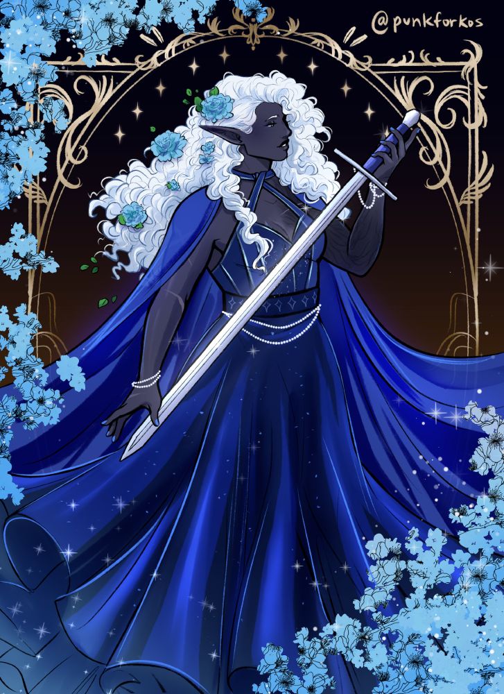 Illustration of Nyxia (she/her), a drow life cleric. She is wearing a rich, blue gala dress and a matching cape that drapes elegantly over her shoulders, framing her and the piece perfectly. In her hands, she holds a sword that she looks at with a small smile. 
