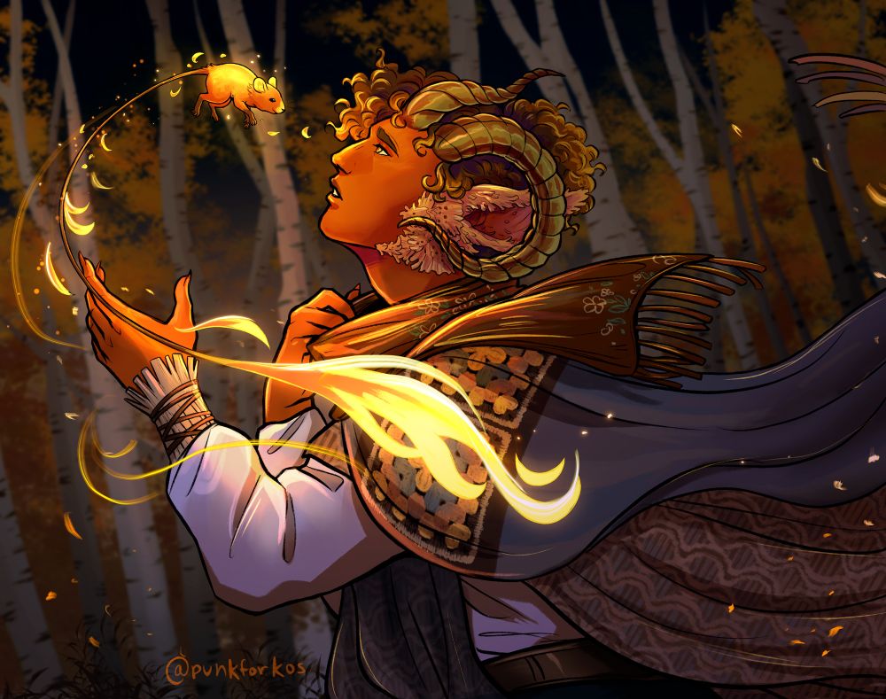 A digital illustration of Fire Starter (he/him), an orange tiefling, and his animal companion, Hazel, a field mouse made of flame.

Fire Starter looks up at Hazel as she floats overhead, her flaming tail curling around him. Fire Starter's poncho and scarf blow behind him as though ruffled by the wind, and he tugs on his scarf to pull it down from his chin. The scene is set in a birch forest at night, with only Hazel's fire to give them light.