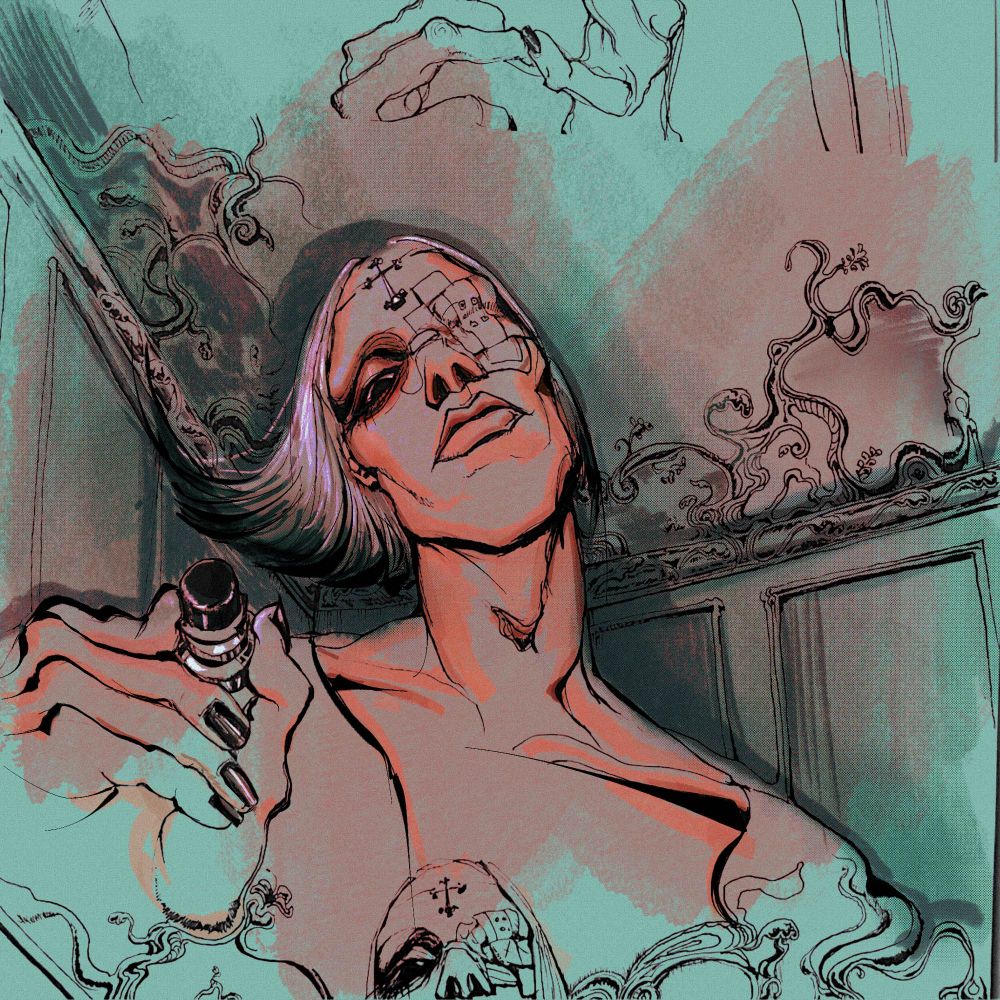 The Caretaker. Full attention to what is in front, holding the lipstick, ready to color pale lips black, near “you” the viewer. 