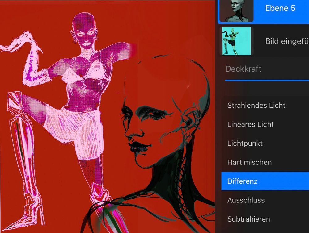 screenshot of a procreate interface showing an illustration of a character called judith.
both a full body drawing as well as a portrait of her is shown in funky colors