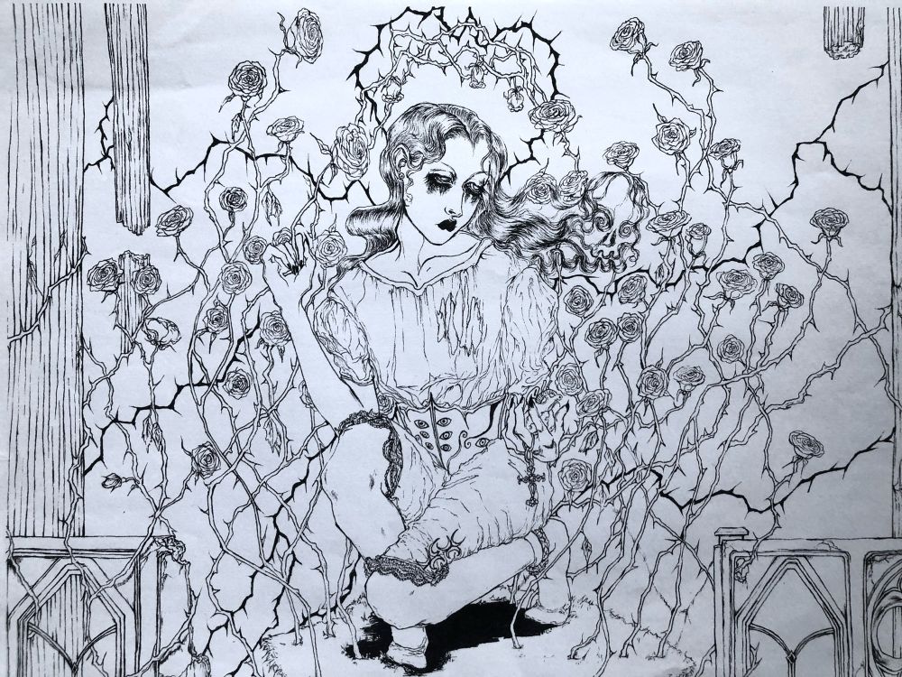 Illustration of a young woman almost kneeling in midst of a lot of roses. She wears elegant clothes though her blouse is ripped on the left side of her torso and gently holds her heart in her left hand. Her other hand is impaled by the stem of a thorny rose.