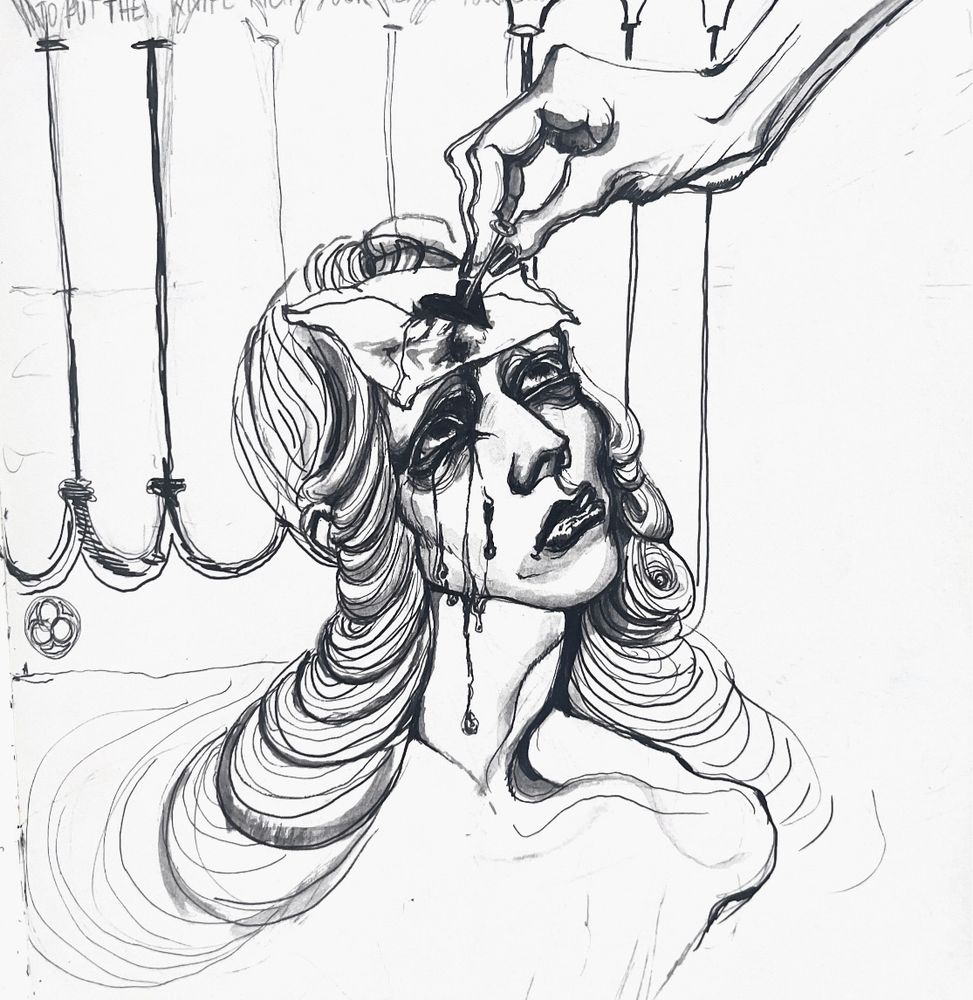 traditional illustration with pencil and black fine liner of a person in kind of a portrait style looking above at the hand, that is holding a nail on the love letter/heart shaped seal of a letter which is placed at the persons forehead. Blood droplets stream down their face as the person expresses concern 