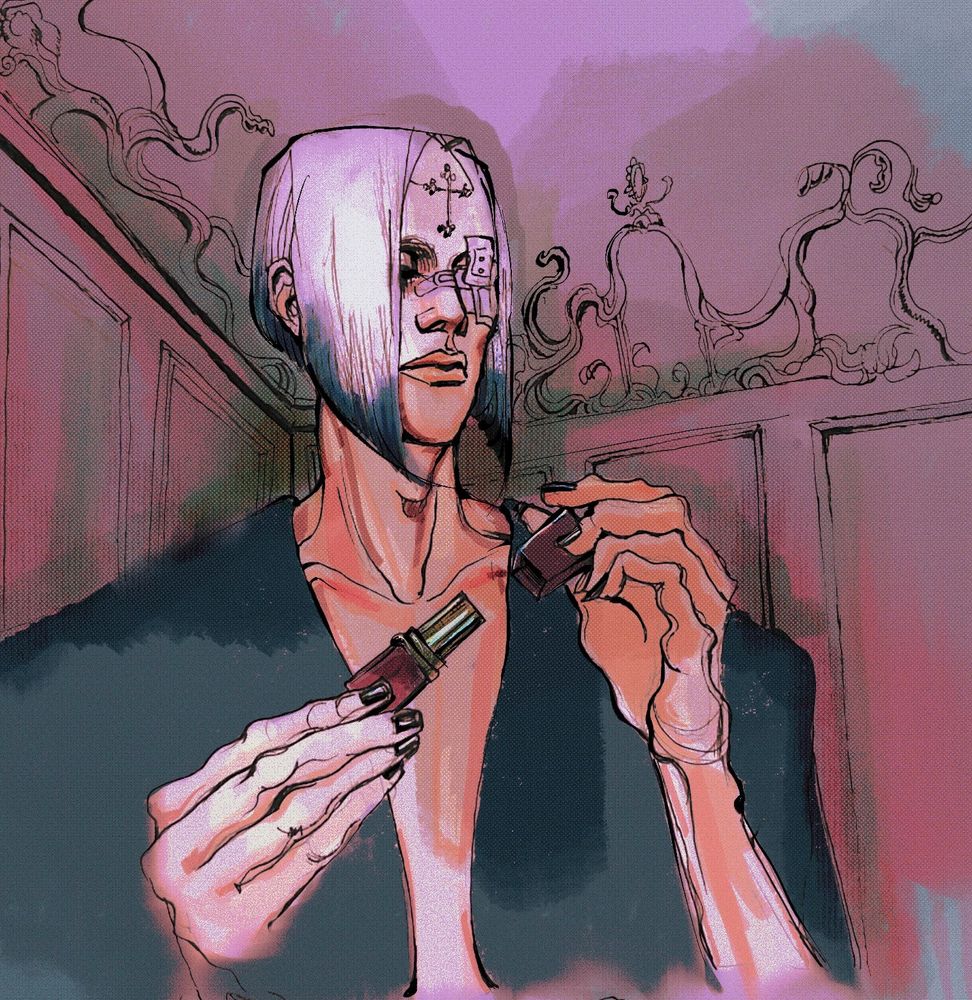 The Caretaker. A tall, lanky, androgynous OC carefully opening the lid of a lipstick with the gaze focused on it. The caretaker has a pale white bob, though the ends are dyed a bluish black. A cross “necklace” lays on the forehead, several band-aid’s plastered on the caretaker’s left eye while wearing a dark blue coat with nothing underneath. In the background there are walls of a room and flowy ornaments on the ceiling.