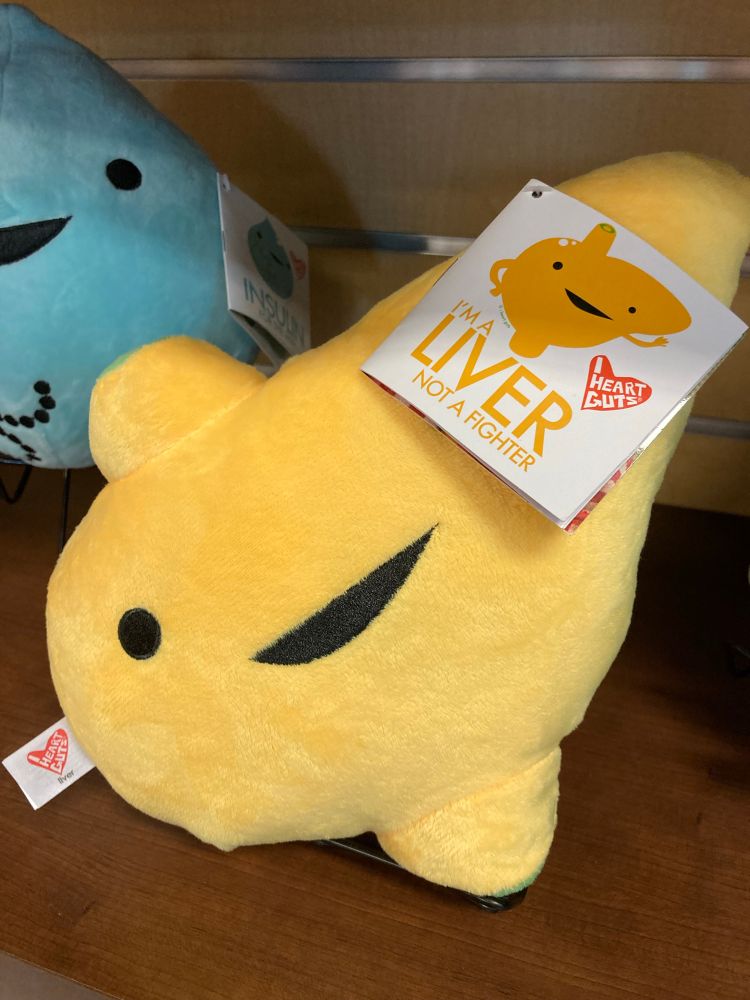 Liver shaped stuffies with a” I’m a liver not a fighter “ tag. 