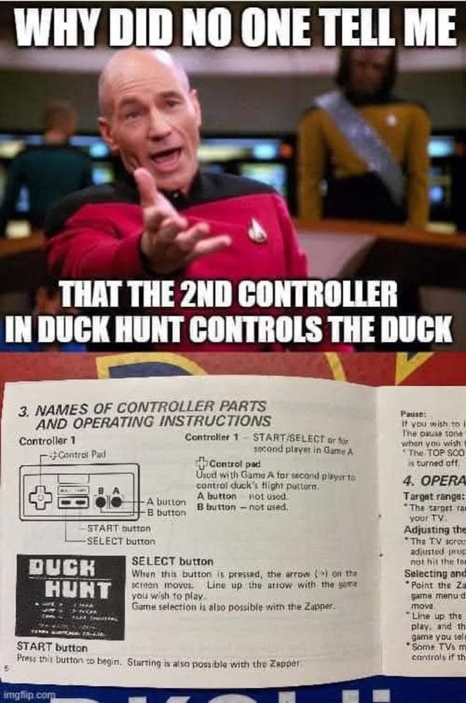 Meme that reads why did no one tell me that the second controller in duck Hunt controls the duck