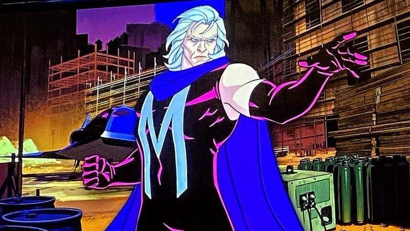 Magneto—as seen in X-Men ‘97—has donned a form-fitting wine-colored body suit emblazoned with an oversized “M” that stretches toward his crotch. Matching evening gloves elevate the ensemble with a touch of formality. A violet cape with a cowl neck completes the look.