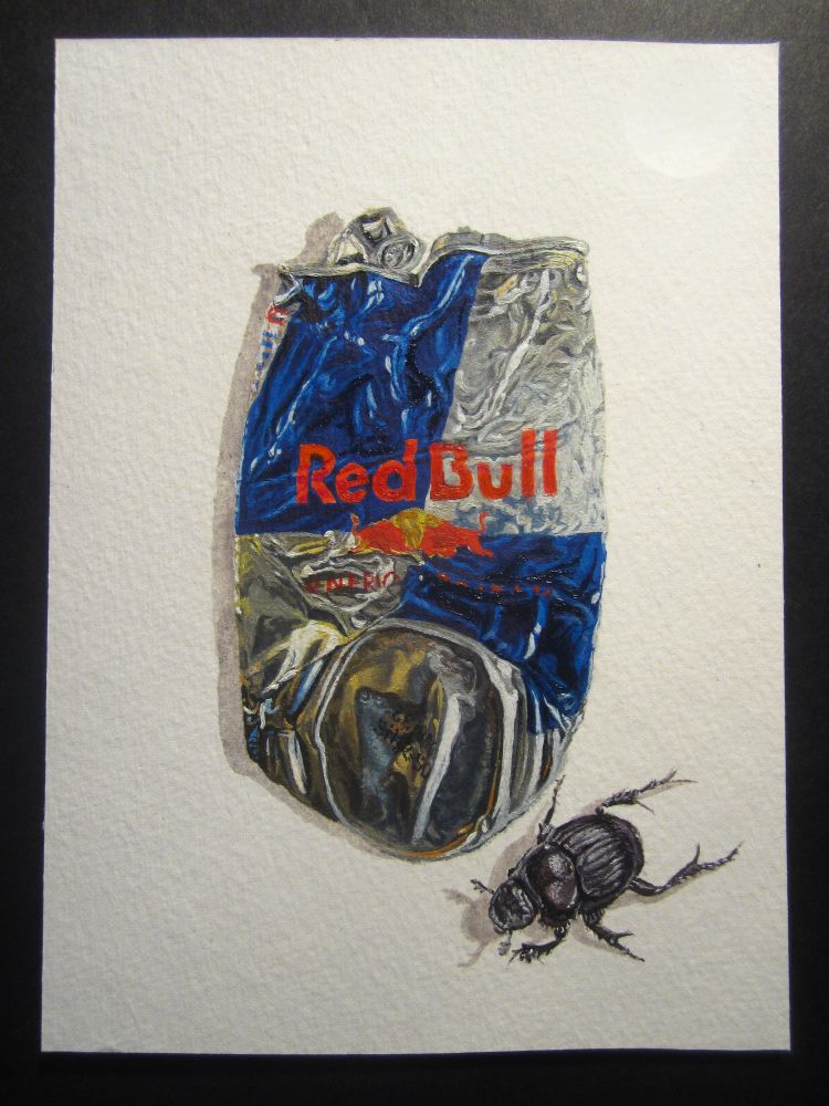 A painting of a crushed, flattened Red Bull can, blue & silver undulating over creased & wrinkled metal with the red Red Bull logo. In the bottom right corner is a glossy black bull-headed dung beetle.