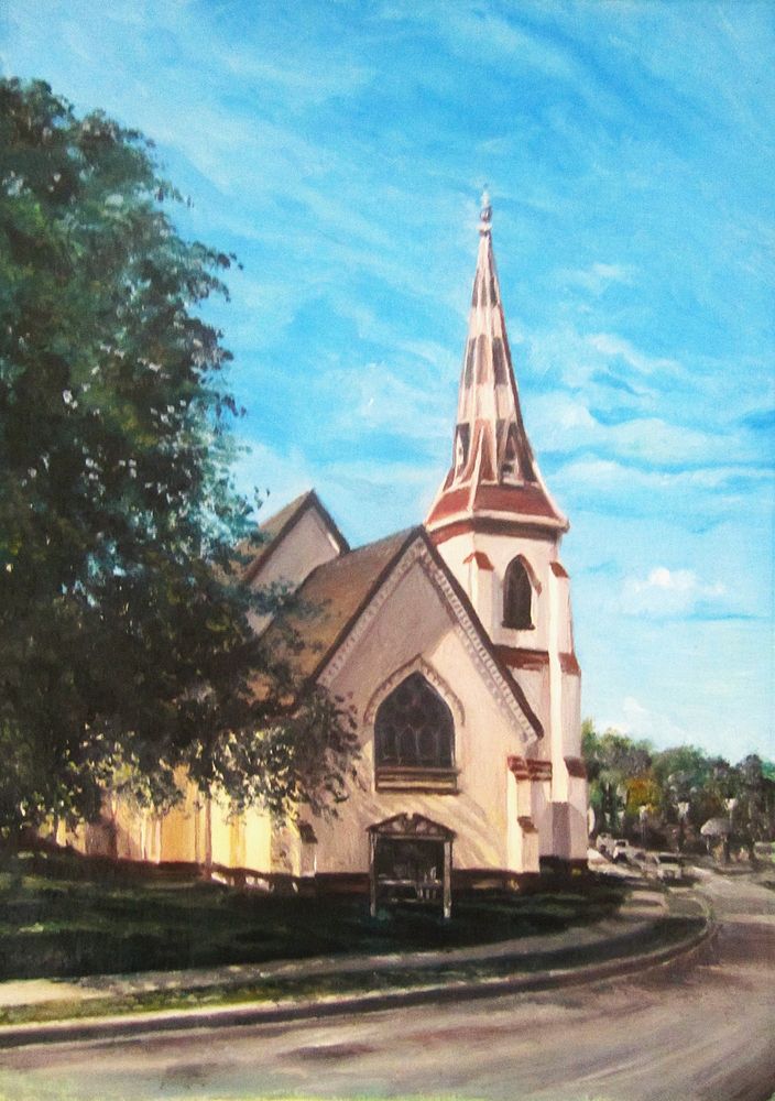 A small painting if the exterior of a traditional white church with pointed ached windows and a steeple with red & white pointed spire against a blue sky. There's a large, leafy green tree to the left of the church.