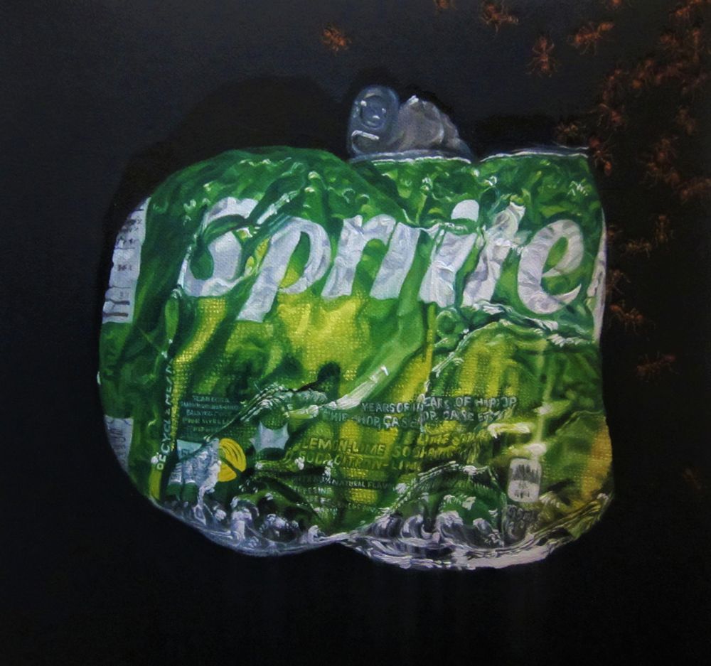  An oil painting of 2 crushed Sprite cans overlapping to spell "Spriite". The cans are green, yellow, silver with white lettering against a dark gray background. There are quite a few red ants crawling around the top right corner.