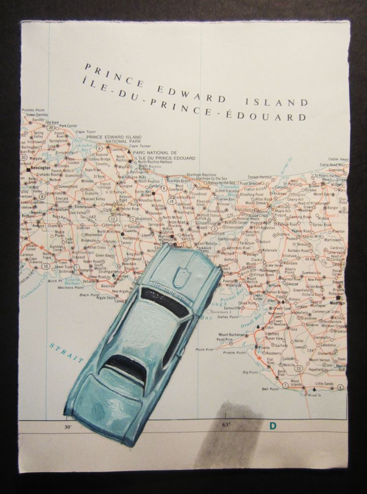 "die cast", oil on map, 5 1/4 x 7", 2025 - $60(Cdn). A piece of a map showing PEI, Canada with a painting of a powder blue 1966 Pontiac GTO Hot Wheels car on it, a shadow below it makes it look as though the car is flying above the map.