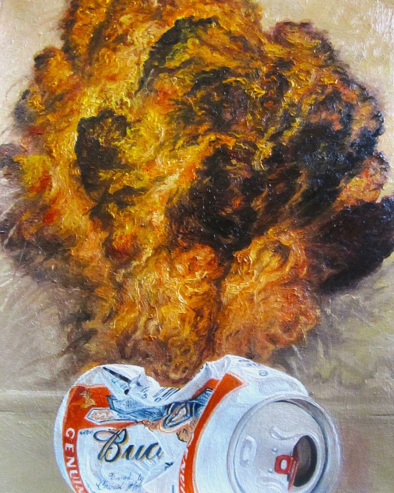 A painting of a crumpled Budweiser beer can lying on it's side. In the background is a massive, fiery explosion.
