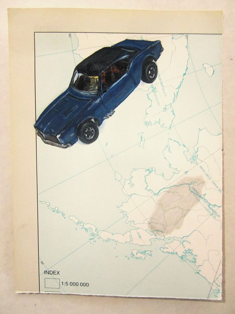 "(die) cast", oil on map, 5 1/4 x 7", 2025 - $60(Cdn). A piece of a map showing Alaska with a painting of a blue & black '68 Camaro Hot Wheels car flying above the map in the top left, its shadow cast on the map in the lower right.
