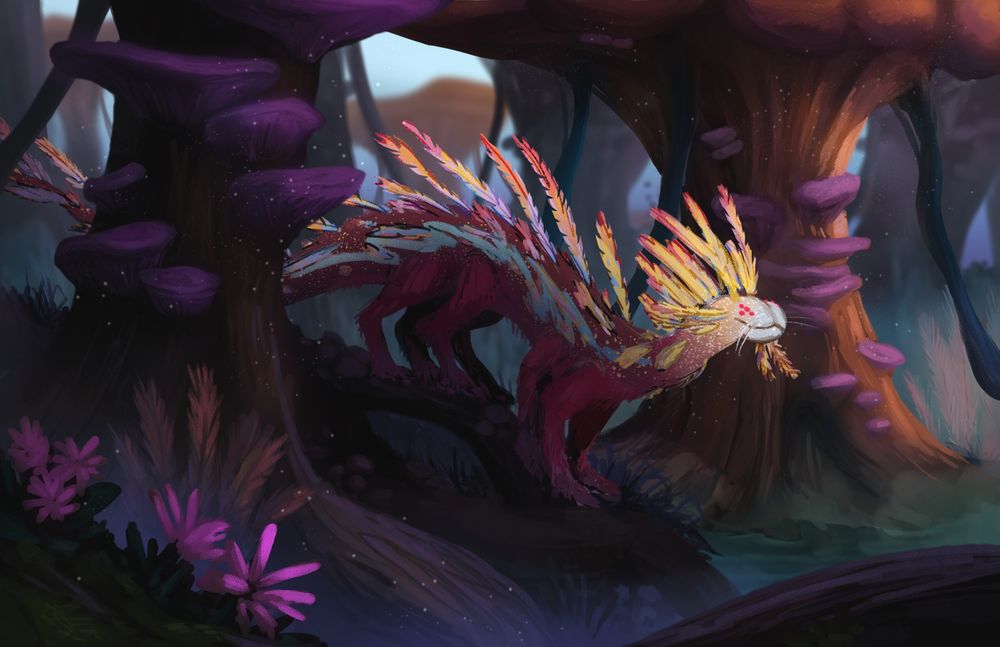 Caterpillar creature in a misty mushroom forest
