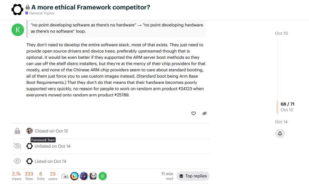 locked framework thread titled, "A more ethical framework competitor", closed by framework staff and unlisted October 14th.