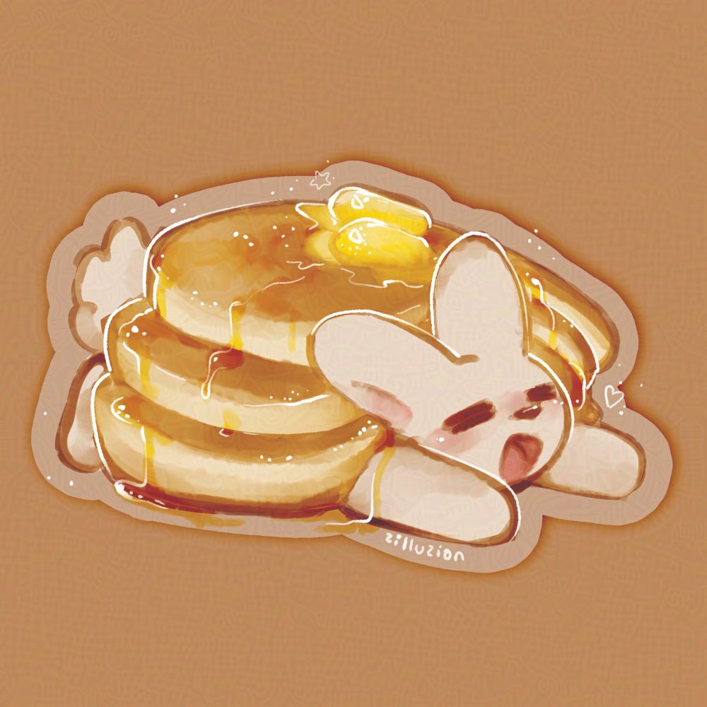 a printable sticker design showing a small cream-coloured bunny being squashed by a stack of 3 giant pancakes (with butter and syrup, of course)