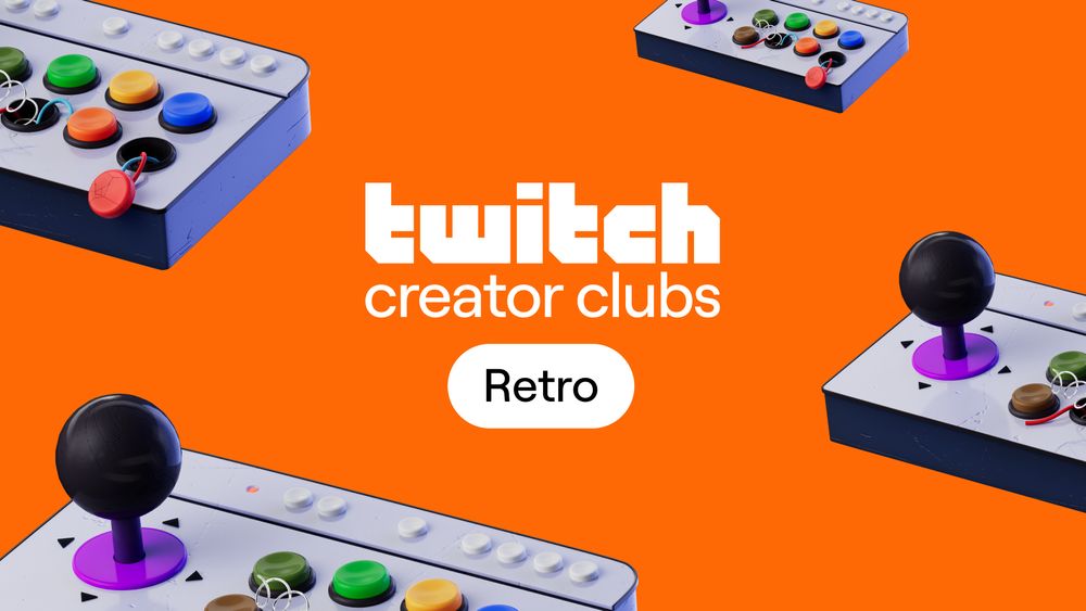 Bright orange background with several retro-style arcade fight sticks featuring colourful buttons and joysticks. In the center, white text reads ‘twitch creator clubs’ with a rounded white button below labelled ‘Retro.’