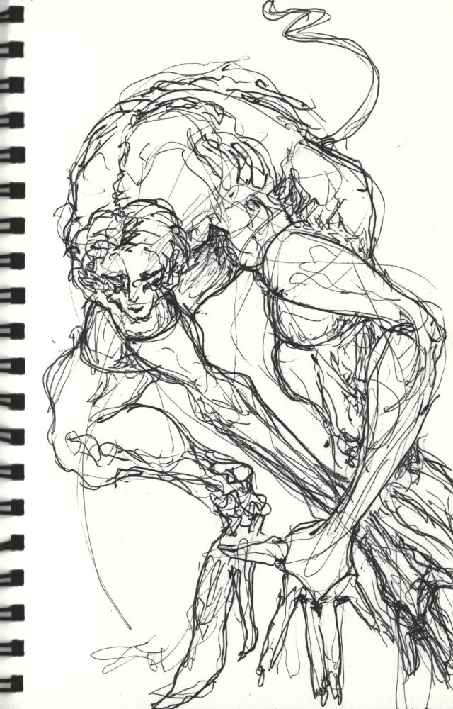 sketch in black ink ballpoint pen, shows a naked figure with a tail and short hair hunched over, wearing long socks and gloves, as well as high heel shoues