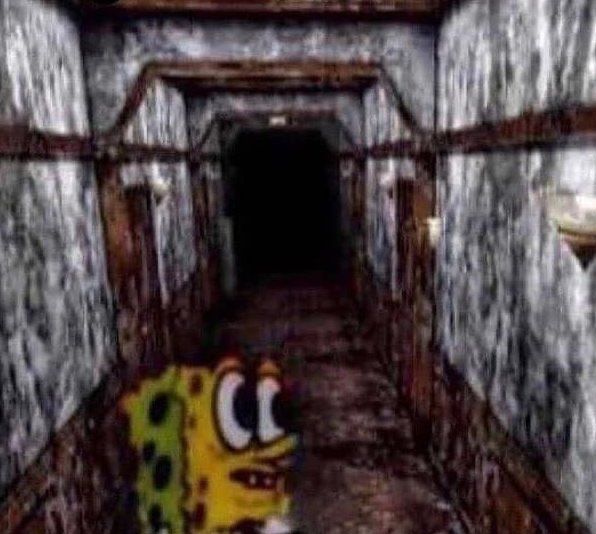 An image of SpongeBob SquarePants in a horror game, possibly the Backrooms or Silent Hill
