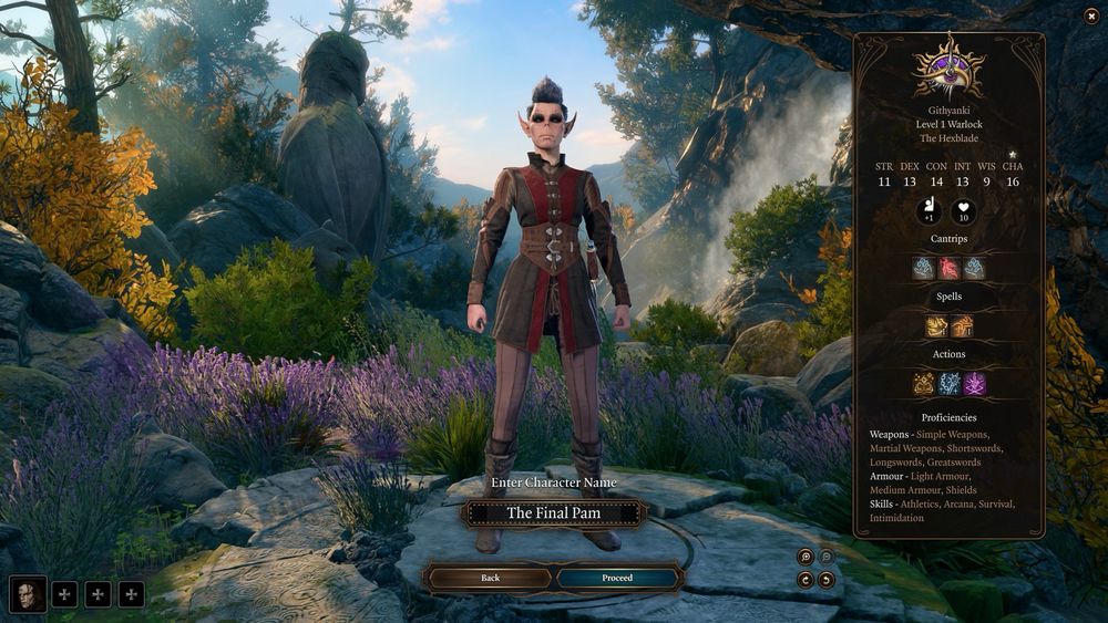 A pinkish githyanki with a black pompadour. She is a Hexblade Warlock