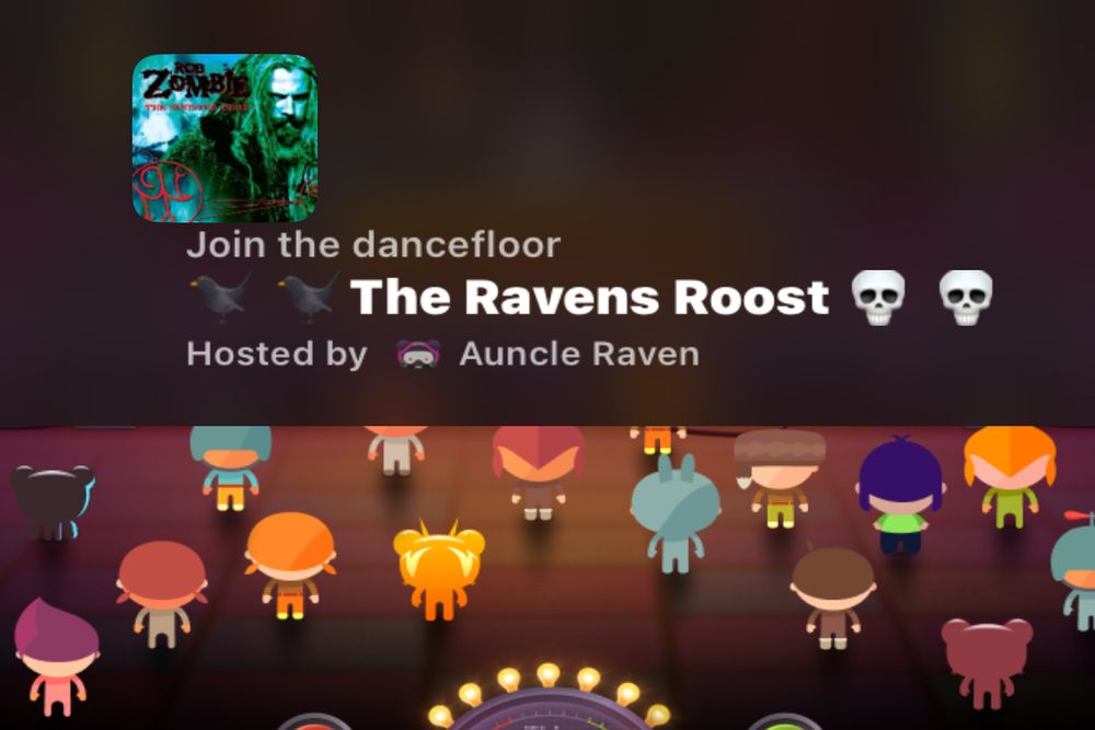 Image from Hangout music app. The caption reads "Join the dancefloor" "The Ravens Roost" "Hosted by Auncle Raven"