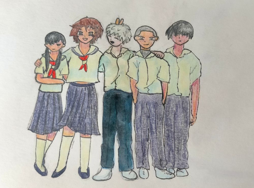 A drawing of the main kids from the summer hikaru died. The girls are on the left, the boys on the right, they are coloured with coloured pencil. Hikaru is standing in the middle, he is coloured with watercolour