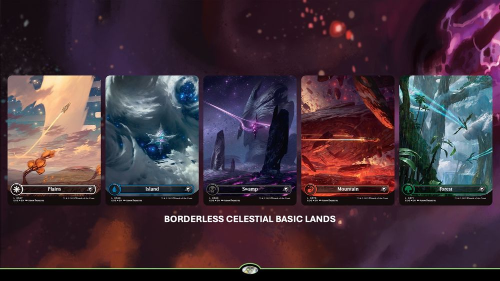 Image showing five Borderless Celestial Basic Lands. Each is a surreal cosmic landscape with a name bar and mana symbol at the bottom.