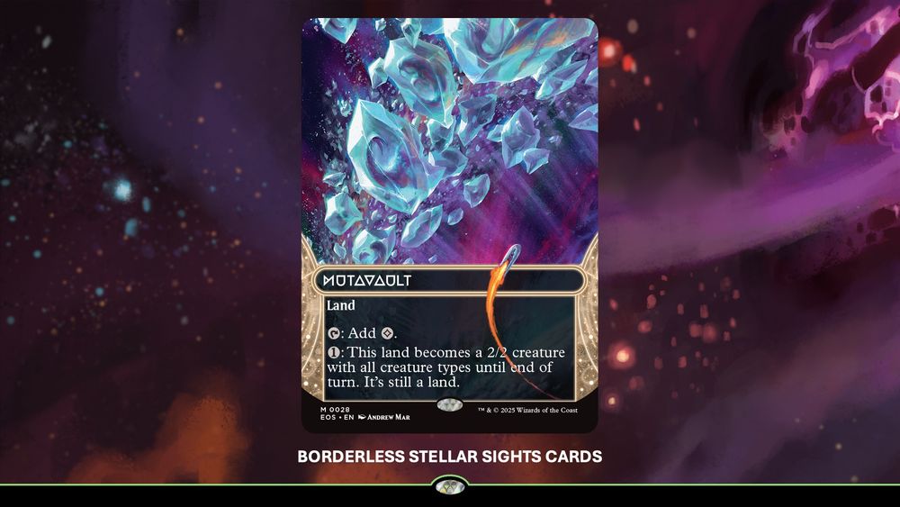 Mutavault from the Borderless Stellar Sights bonus sheet of cards. It features a new border design with its name closer to the center of the card. The art depicts Mutavault as a ring of crystal asteroids containing all manner of beasts.