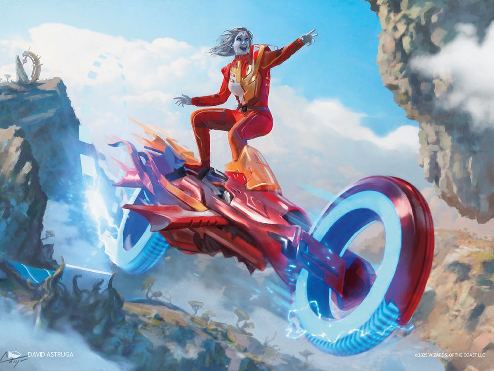 A member of the Cloudspire Racing Team is riding their Aetherbike like a surfboard. This is a terrible idea and should not be done. But they do look very cool.