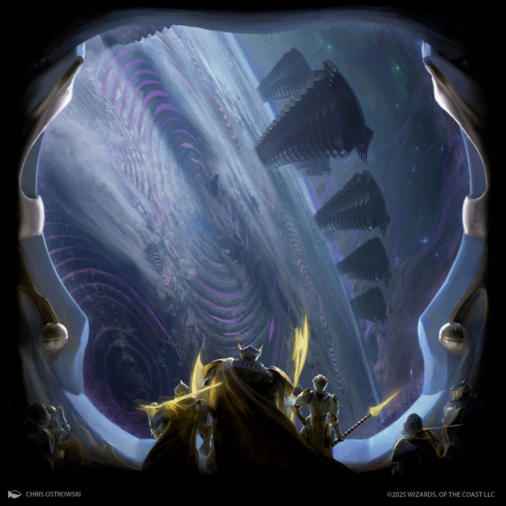 A group of armored people look out a large ship window at the planet below. The planet is covered in some kind of black and purple swirls, with enormous tooth-like objects piercing the surface.