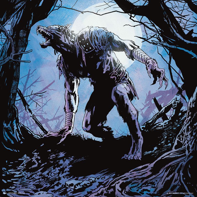 A crouching werewolf howling at the sky, sharp teeth barred, ragged hair and ripped clothing tussled from the change, crouching between spindly black trees and backlit by hues of purple and blue with the full white moon glowing behind.