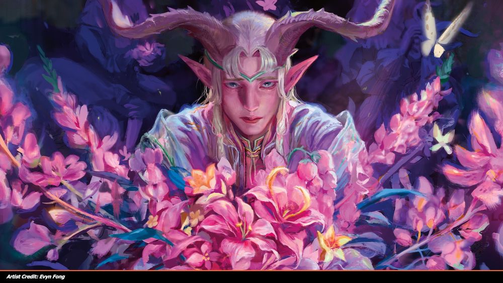 Art featuring a horned elf holding flowers that surrounded them.