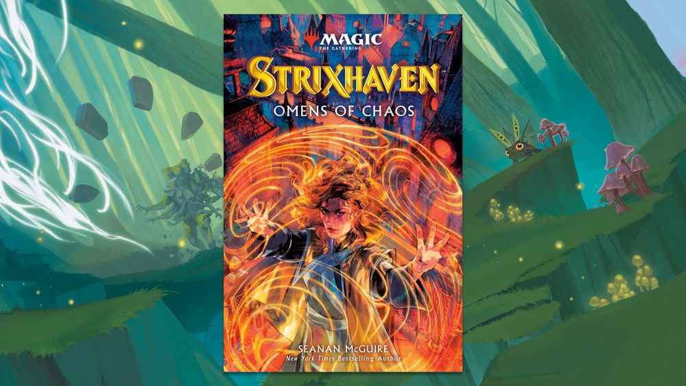 This image depicts the cover of the "Strixhaven: Omens of Chaos" Young Adult novel.
The cover art shows a person casting a magic sphere around themselves. Behind them, roof tops of different buildings can be seen. Across the bottom of the cover reads: "Seanan McGuire. New York Times Best Selling Author".