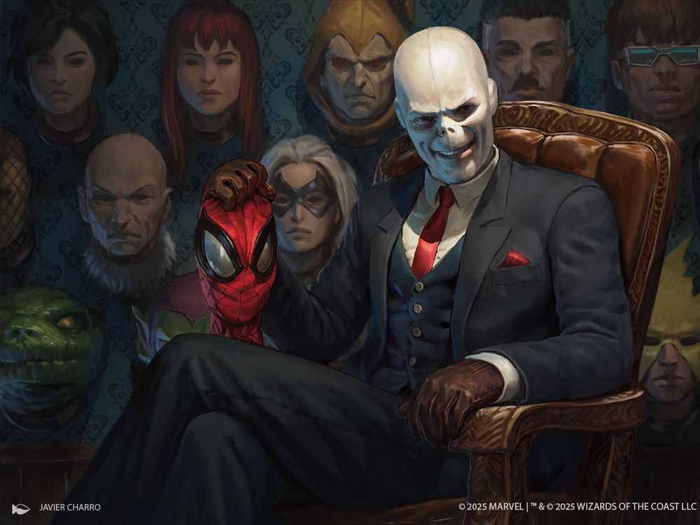 A white-faced man wearing a full suit and gloves grins wickedly towards the viewer. In his hand he holds a Spider-Man mask and behind him sits numerous masks and faces of Marvel characters.