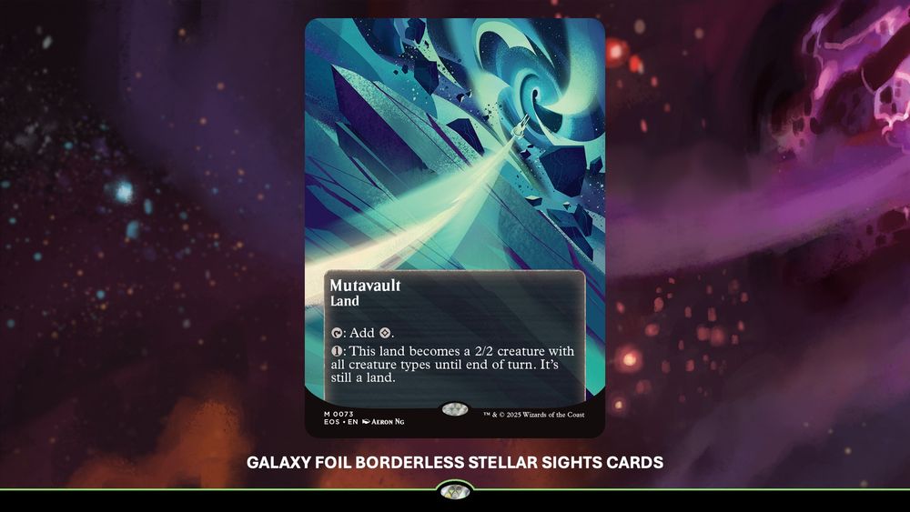 A Galaxy Foil Borderless Stellar Sights interpretation of Mutavault. This time it has a retro-future Art Deco aesthetic