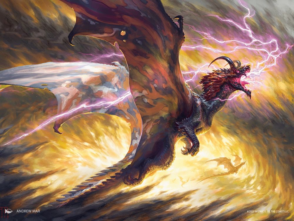 A fierce looking red and black dragon flying through a lightning storm.