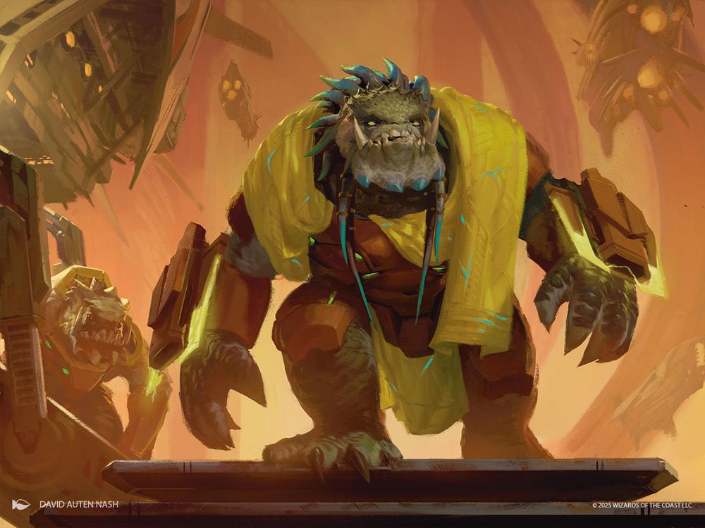 Art for Tannuk, a reptillian biped Kavu wearing plated armor.