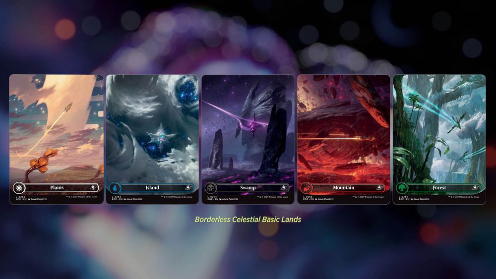 The five Borderless Celestial Basic Lands from the upcoming MTG set, Edge of Eternities. Each Basic Land features a cosmic landscape.