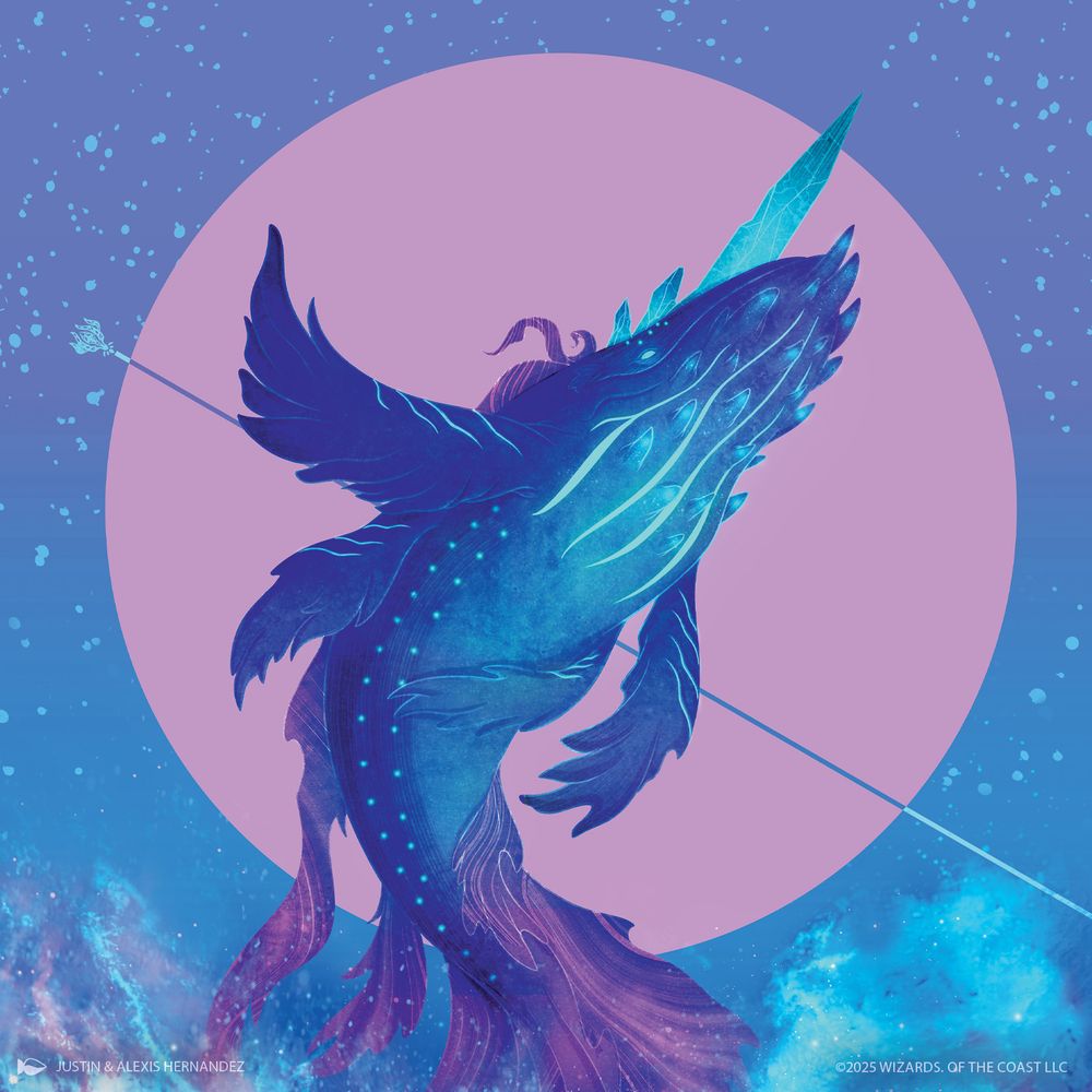 A space whale with glowing blue markings soars upward in front of a large pink circle, resembling a distant planet or moon. Its head is adorned with a crystalline horn.