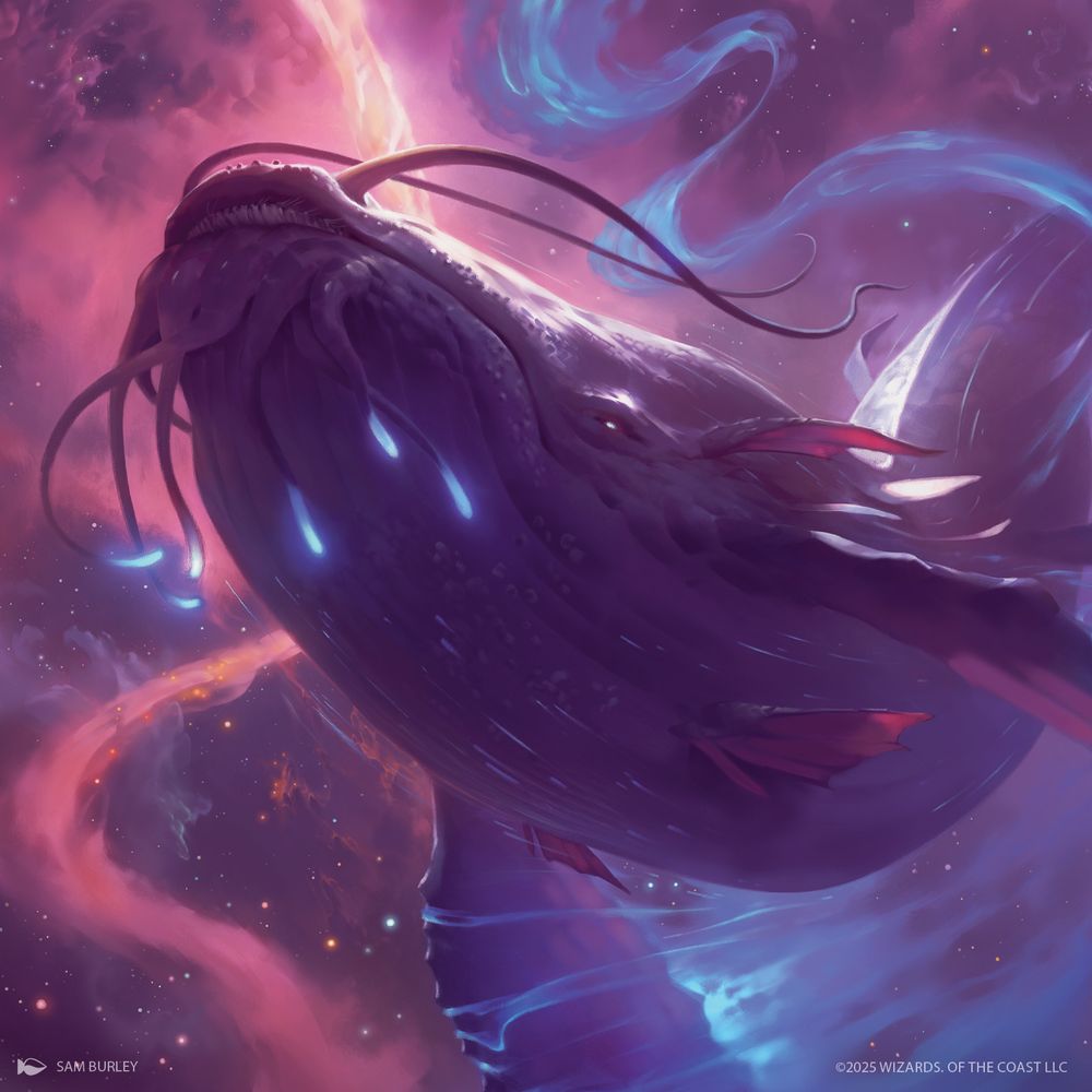 A colossal purple space whale floats through space, pink and purple nebula swirling behind them. 