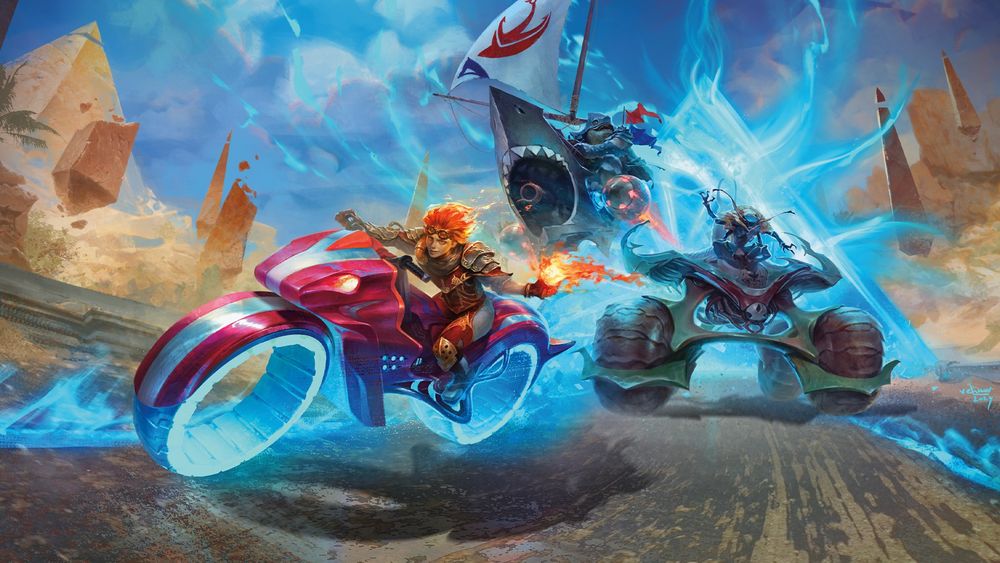 Packaging art for Magic's upcoming set, Aetherdrift. Chandra emerges from an Omenpath and rides a red motorcycle like vehicle with hollow blue wheels filled with aether down a road. She is closely pursued by a large green vehicle with insectoid features and a flying pirate ship with shark motifs.