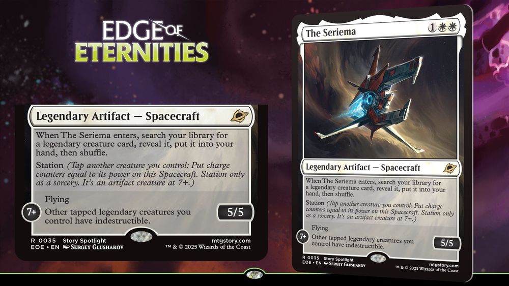 Preview image for The Seriema, a legendary artifact spacecraft for one and two white mana. When it enters, you search your library for a legendary creature card and put it into your hand. It has the new Station ability. As a sorcery, you can tap a creature you control to put charge counters equal to its power onto the Station card. When it has enough charge counters, it becomes a vehicle. In this case, at seven charge counters the Seriema becomes a 5/5 flying creature with the ability "Other tapped legendary creatures you control are indestructible."