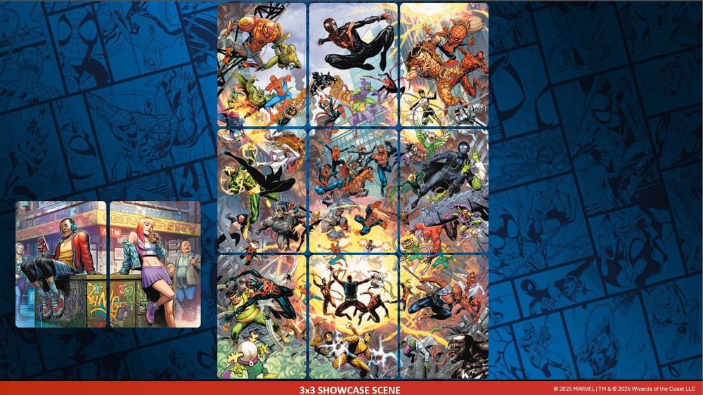 The image shows nine #MTGxSpiderMan cards, that when put together, create a large #MTGxSpiderMan scene. 